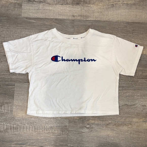 Champion Tops - Champion White Crop Top with Blue Logo